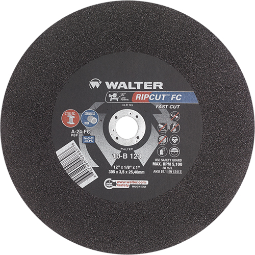 Meule &agrave; tronçonner Ripcut II pour la coupe de l'acier inoxydable et l'acier sur scies fixes, 18" x 3/16", Arbre de 1", Type 1, Oxyde d'aluminium, 3400 Tr/min Trail Hammer and Bolt