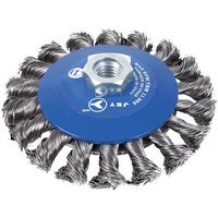 Knot Twisted Conical Bevel Brush, 5" Dia., 0.02" Fill, 5/8"-11NC Arbor Trail Hammer and Bolt