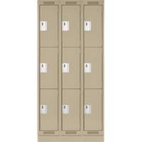 Clean Line Lockers, 3 -tier, Bank of 3, 36" x 18" x 76", Steel, Beige, Rivet (Assembled) Trail Hammer and Bolt