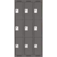 Clean Line Lockers, 3 -tier, Bank of 3, 36" x 18" x 72", Steel, Charcoal, Rivet (Assembled) Trail Hammer and Bolt