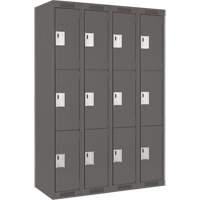 Clean Line Lockers, 3 -tier, Bank of 4, 48" x 18" x 72", Steel, Charcoal, Rivet (Assembled) Trail Hammer and Bolt