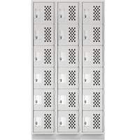 Assembled Lockerettes Clean Line Perforated Economy Lockers, 6 -tier, Bank of 3, 18" x 72" x 12", Steel Trail Hammer and Bolt