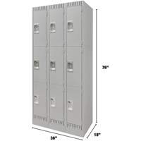 Lockers, 3 -tier, Bank of 3, 36" x 18" x 76", Steel, Grey, Knocked Down Trail Hammer and Bolt