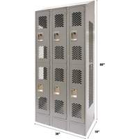 Casiers ventil&eacute;s, 2 niveaux, Bloc de 3, 36" x 18" x 88", Acier, Gris, D&eacute;mont&eacute;, Perfor&eacute; Trail Hammer and Bolt