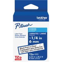 Ruban lamin&eacute; TZe-111 pour &eacute;tiqueteuses P-Touch compatibles avec les rubans TZe, Noir sur transparent, Largeur de 0,23" Trail Hammer and Bolt