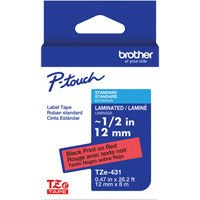 Ruban lamin&eacute; TZe-431 pour &eacute;tiqueteuses P-Touch compatibles avec les rubans TZe, 12 mm x 8 m, Noir/rouge Trail Hammer and Bolt