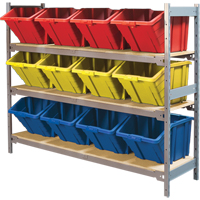 Wide Span Shelving with Jumbo Plastic Bins, Steel, Boltless, 800 lbs. Capacity, 66" W x 60" H x 18" D Trail Hammer and Bolt
