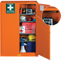 Emergency Preparedness Storage Cabinets, Steel, 4 Shelves, 65" H x 43" W x 18" D, Orange Trail Hammer and Bolt