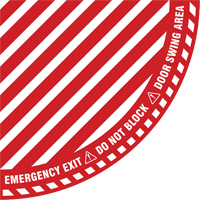"Emergency Exit" Quarter Circle Swing Door Floor Sign, Adhesive, English with Pictogram Trail Hammer and Bolt