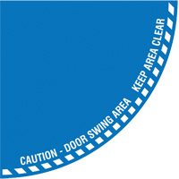 "Caution" Quarter Circle Swing Door Floor Sign, Adhesive, English with Pictogram Trail Hammer and Bolt