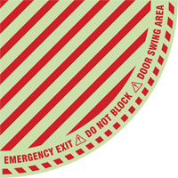 "Emergency Exit" Quarter Circle Swing Door Floor Sign, Adhesive, English with Pictogram Trail Hammer and Bolt