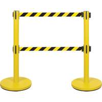 Barri&egrave;re pour le contr&ocirc;le des foules &agrave; courroie double, Acier, 35" h, Ruban Noir/Jaune, Longueur du ruban 7' Trail Hammer and Bolt
