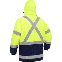 Manteau pour le froid extr&ecirc;me avec bas bleu marin et X au dos Bisley, Polyester, Jaune lime haute visibilit&eacute;, Petit Trail Hammer and Bolt