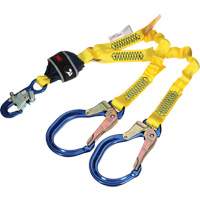 Twin-Leg Stretch Web Shock-Absorbing Lanyard, 4', Rebar Hook Center, Snap Hook Leg Ends Trail Hammer and Bolt