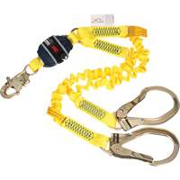 Twin-Leg Stretch Web Shock-Absorbing Lanyard, 6', Rebar Hook Center, Snap Hook Leg Ends Trail Hammer and Bolt