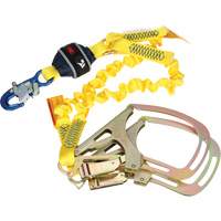 Twin-Leg Stretch Web Shock-Absorbing Lanyard, 6', Rebar Hook Center, Snap Hook Leg Ends Trail Hammer and Bolt