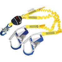 Twin-Leg Stretch Web Shock-Absorbing Lanyard, 6', Rebar Hook Center, Snap Hook Leg Ends Trail Hammer and Bolt
