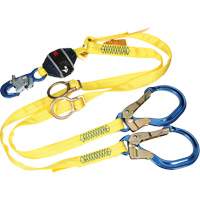 Twin-Leg Tie-Back Web Shock-Absorbing Lanyard, 6', Rebar Hook Center, Snap Hook Leg Ends, Polyester Trail Hammer and Bolt