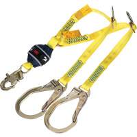 Twin-Leg Tie-Back Web Shock-Absorbing Lanyard, 4', Rebar Hook Center, Snap Hook Leg Ends, Polyester Trail Hammer and Bolt