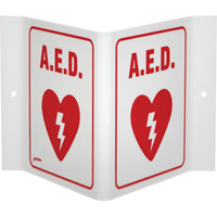 "A.E.D." V-Style Sign, 6" x 9", Acrylic, English with Pictogram Trail Hammer and Bolt