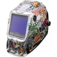 VIKING 3350 Hot Rodders Welding Helmet, 3.74" L x 3.34" W View Area, 5 - 13 Shade Range Trail Hammer and Bolt