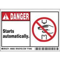 "Danger Starts Automatically" Sign, 3-1/2" x 5", Polyester, English with Pictogram Trail Hammer and Bolt