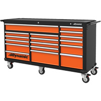 Roller Cabinet, 17 Drawers, 71" W x 24" D x 41" H, Black/Orange Trail Hammer and Bolt