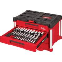 Ensemble de 242 pi&egrave;ces de douilles et cliquets m&eacute;triques et SAE 1/4", 3/8" et 1/2" avec boîte &agrave; outils PACKOUT &agrave; 4 tiroirs, 16-3/10" x 22-1/5" x 14-3/10", Noir/Rouge Trail Hammer and Bolt