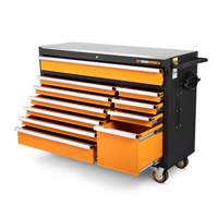 Rolling Tool Cabinet with Stainless Steel Worktop, 11 Drawers, 52" W x 18" D x 36" H, Black/Orange Trail Hammer and Bolt