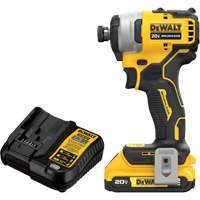 ATOMIC COMPACT SERIESMAX* Brushless Cordless Compact Impact Driver Kit, 1/4", 1700 in-lbs Max. Torque, 20 V, Lithium-Ion Trail Hammer and Bolt