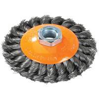 Knot-Twisted Saucer Cup Wire Wheel, 7" Dia., 0.02" Fill, 5/8"-11 Arbor, Steel Trail Hammer and Bolt