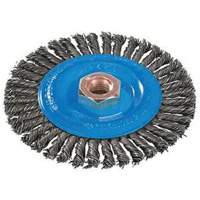 Stringer Bead Knotted Wire Brush, 4" Dia., 0.02" Fill, 5/8"-11 Arbor, Aluminum/Stainless Steel Trail Hammer and Bolt