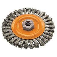 Wide Knotted Wire Wheel Brush, 4" Dia., 0.02" Fill, 5/8"-11 Arbor, Steel Trail Hammer and Bolt