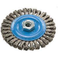 Wide Knotted Wire Wheel Brush, 5" Dia., 0.02" Fill, 5/8"-11 Arbor, Aluminum/Stainless Steel Trail Hammer and Bolt