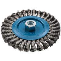 Wide Knotted Wire Wheel Brush, 6" Dia., 0.02" Fill, 5/8"-11 Arbor, Aluminum/Stainless Steel Trail Hammer and Bolt
